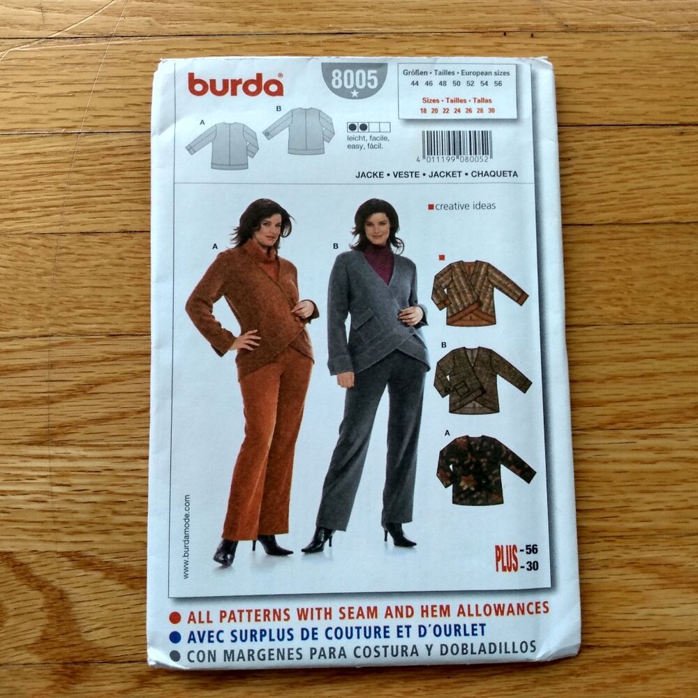 Plus Size 18-30 Jacket Sewing Pattern Cardigan XL 3x 4x 5x UNCUT Burda 8005